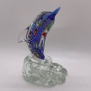 Blown glass clear and blue swirl DOLPHIN statue or paperweight